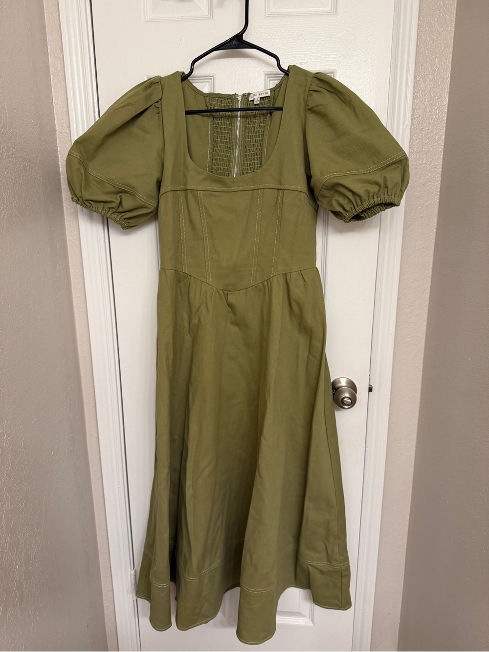 Moon River Olive Puff Sleeve Square Neck Maxi Dress